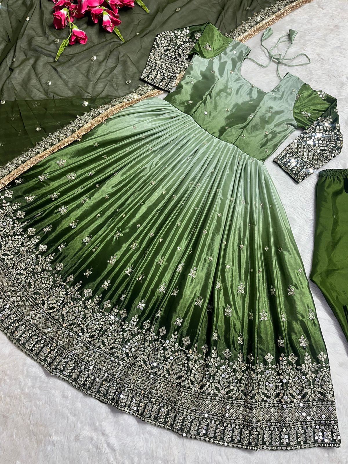 Innovative Green Color Shaded Anarkali Gown