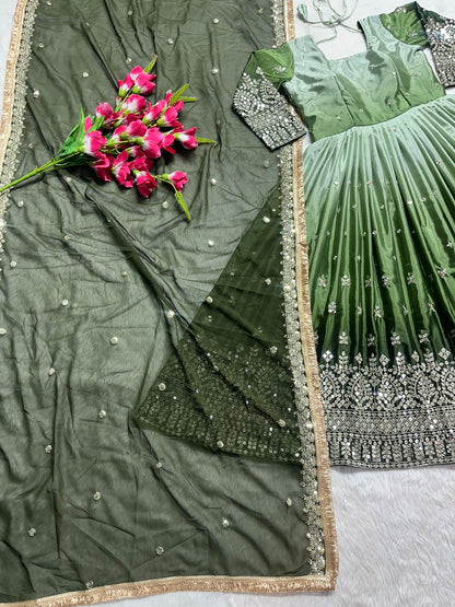 Innovative Green Color Shaded Anarkali Gown