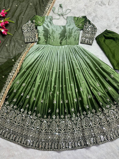 Innovative Green Color Shaded Anarkali Gown