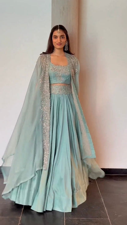 Indowestern Style Sky Blue Color Lehenga Choli With Shrug