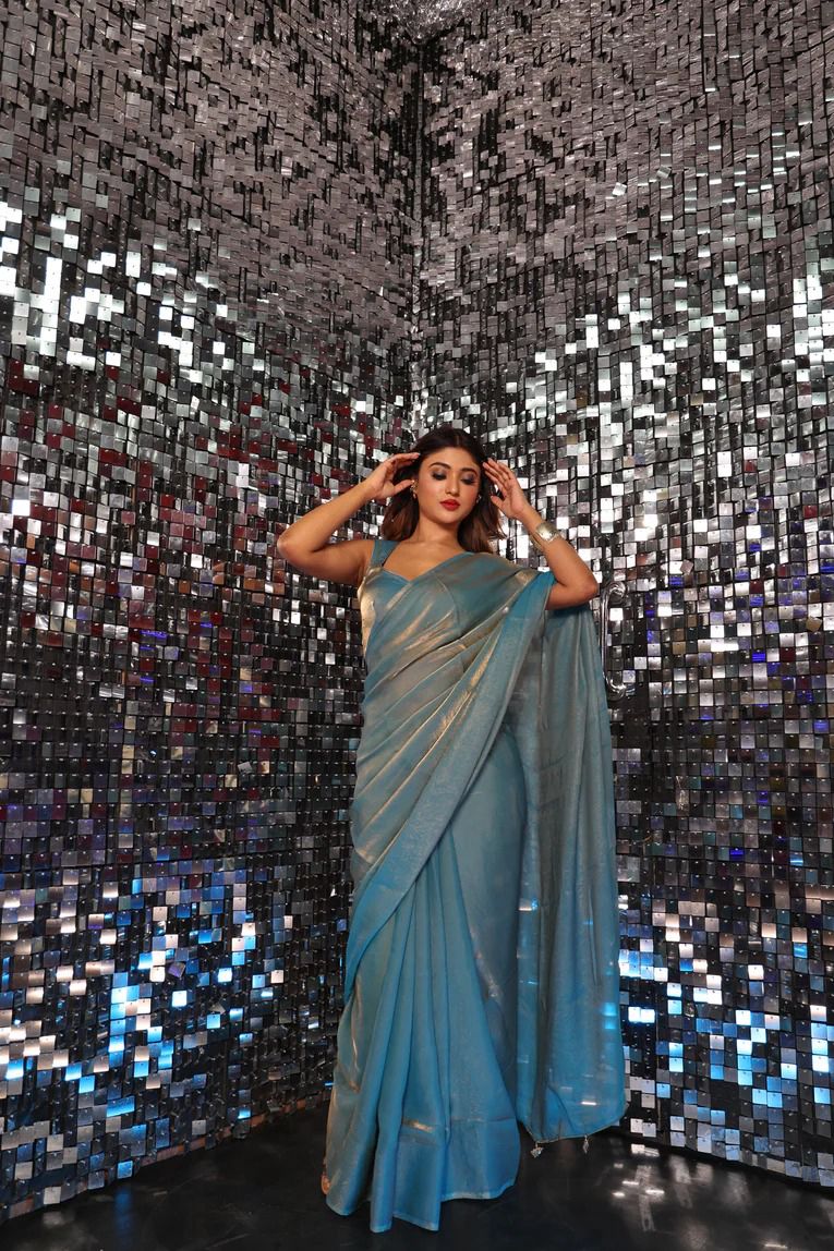 Embellished Spread Shine Sky Blue Saree