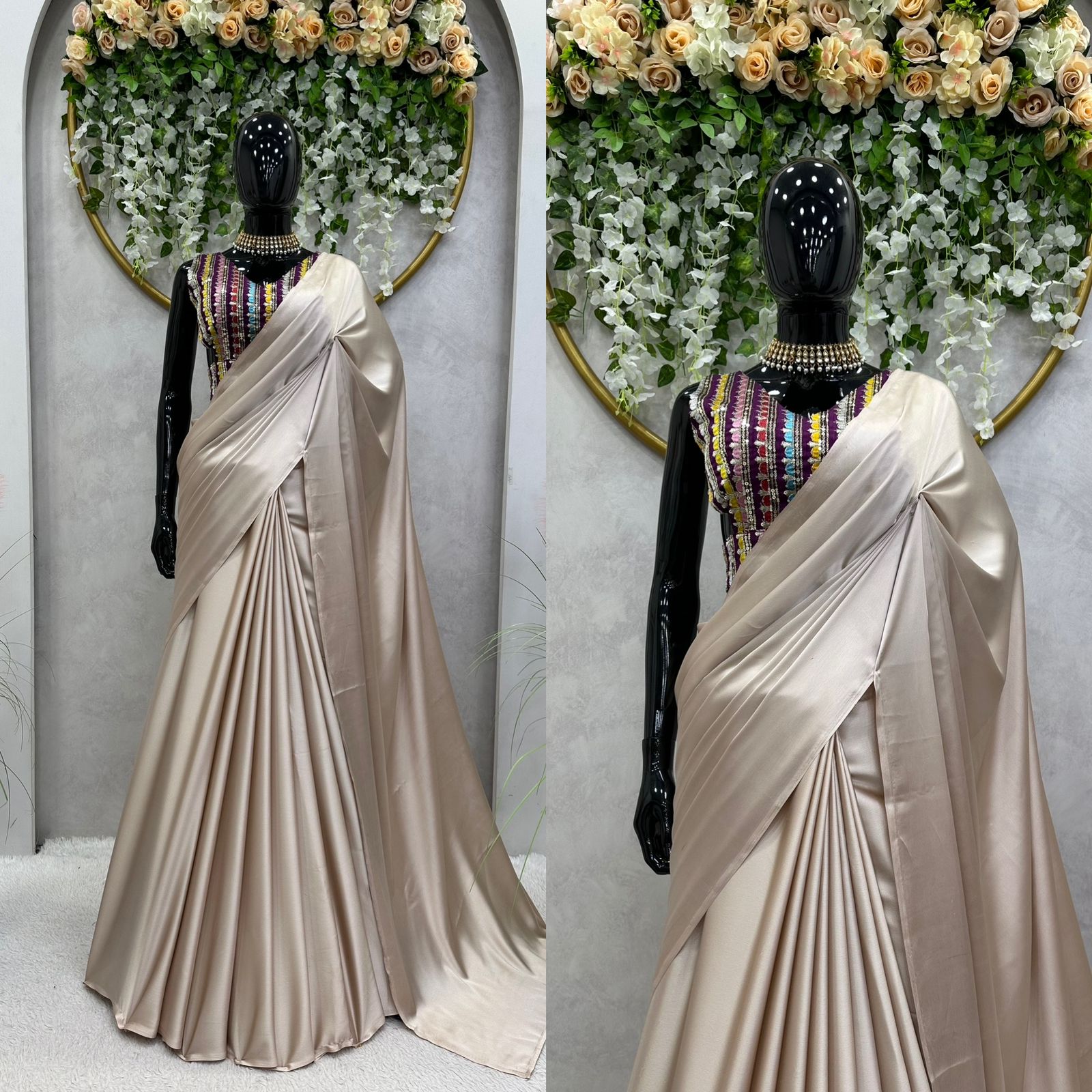 Party Wear Cream Color Plain Saree With Work Blouse