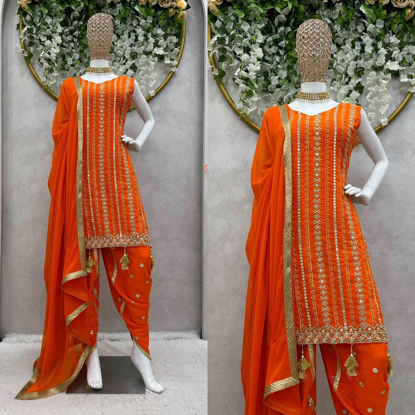 Shining Sequence Work Orange Color Dhoti Suit