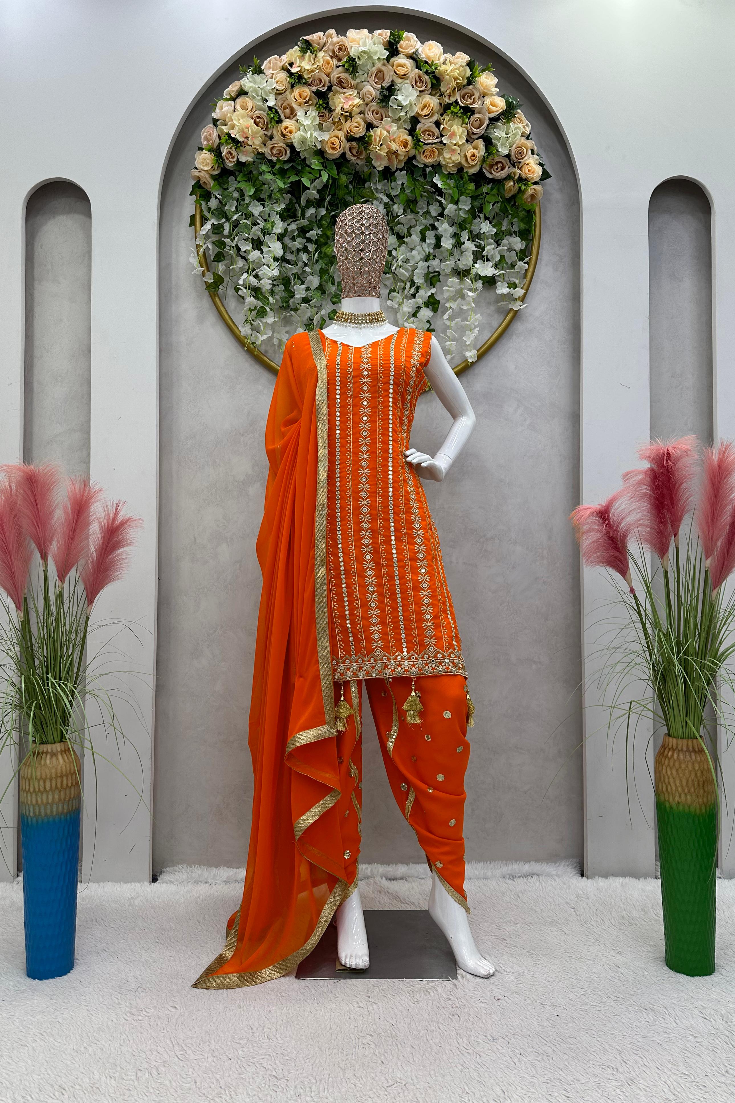 Shining Sequence Work Orange Color Dhoti Suit