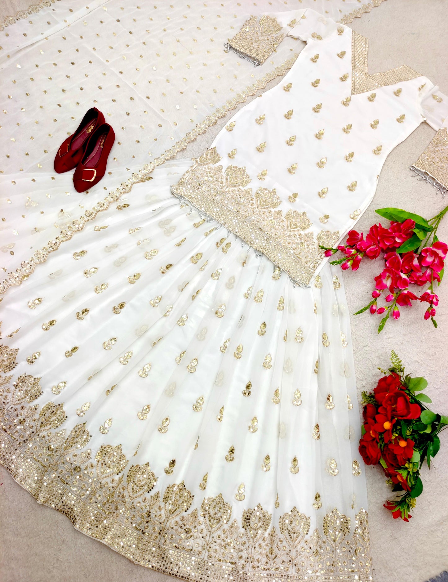Function Wear Embroidery Work White Color Lehenga With Top