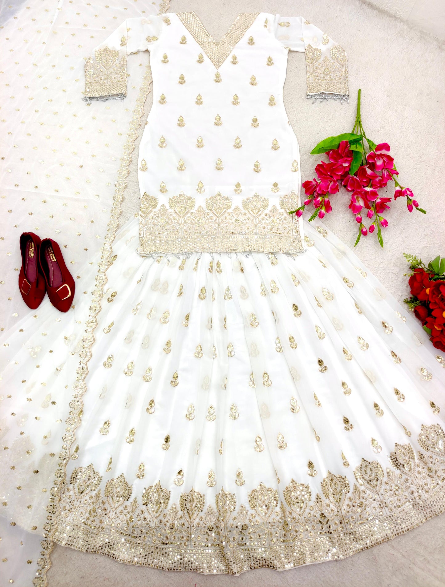 Function Wear Embroidery Work White Color Lehenga With Top