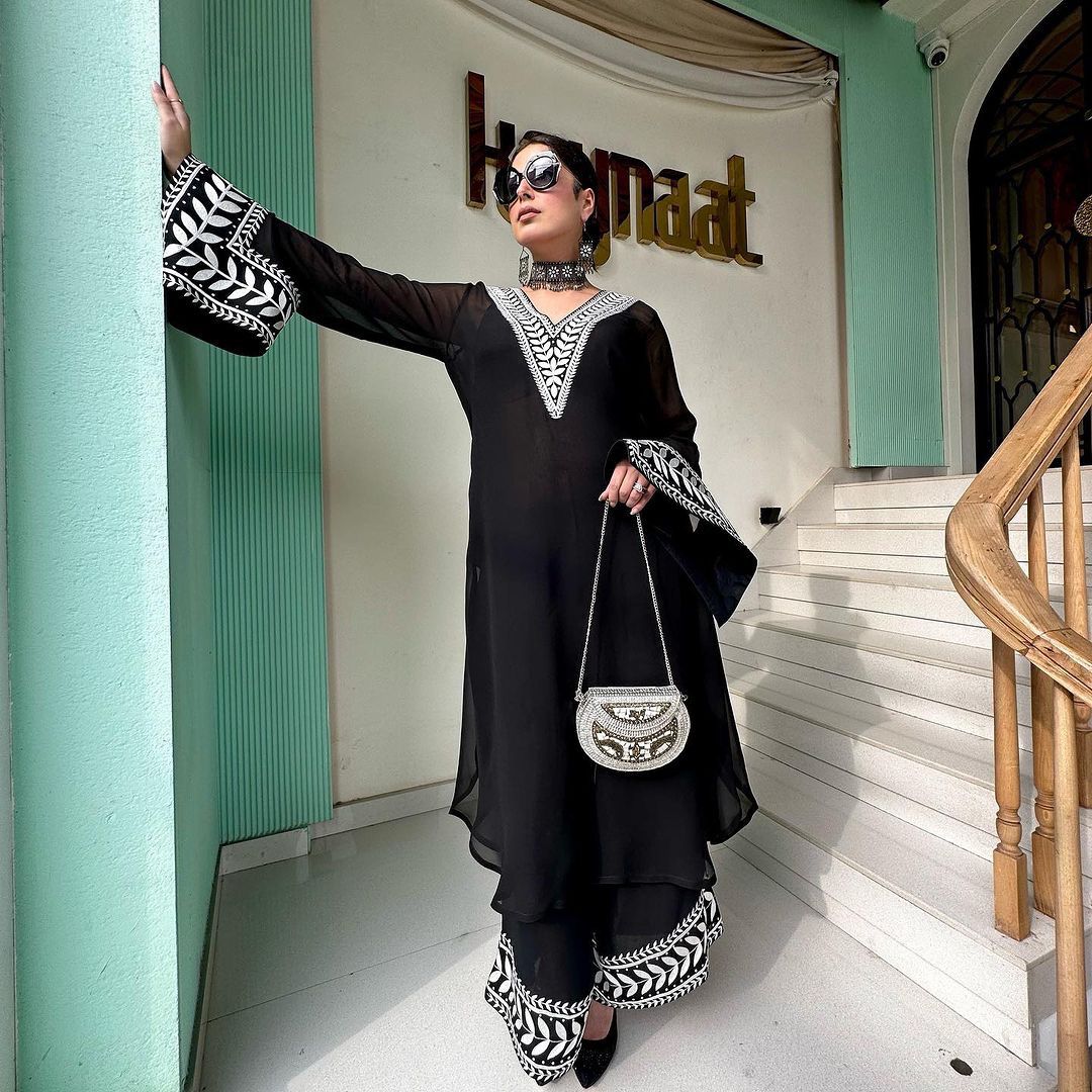 Full Black Color Thread Work Palazzo Suit