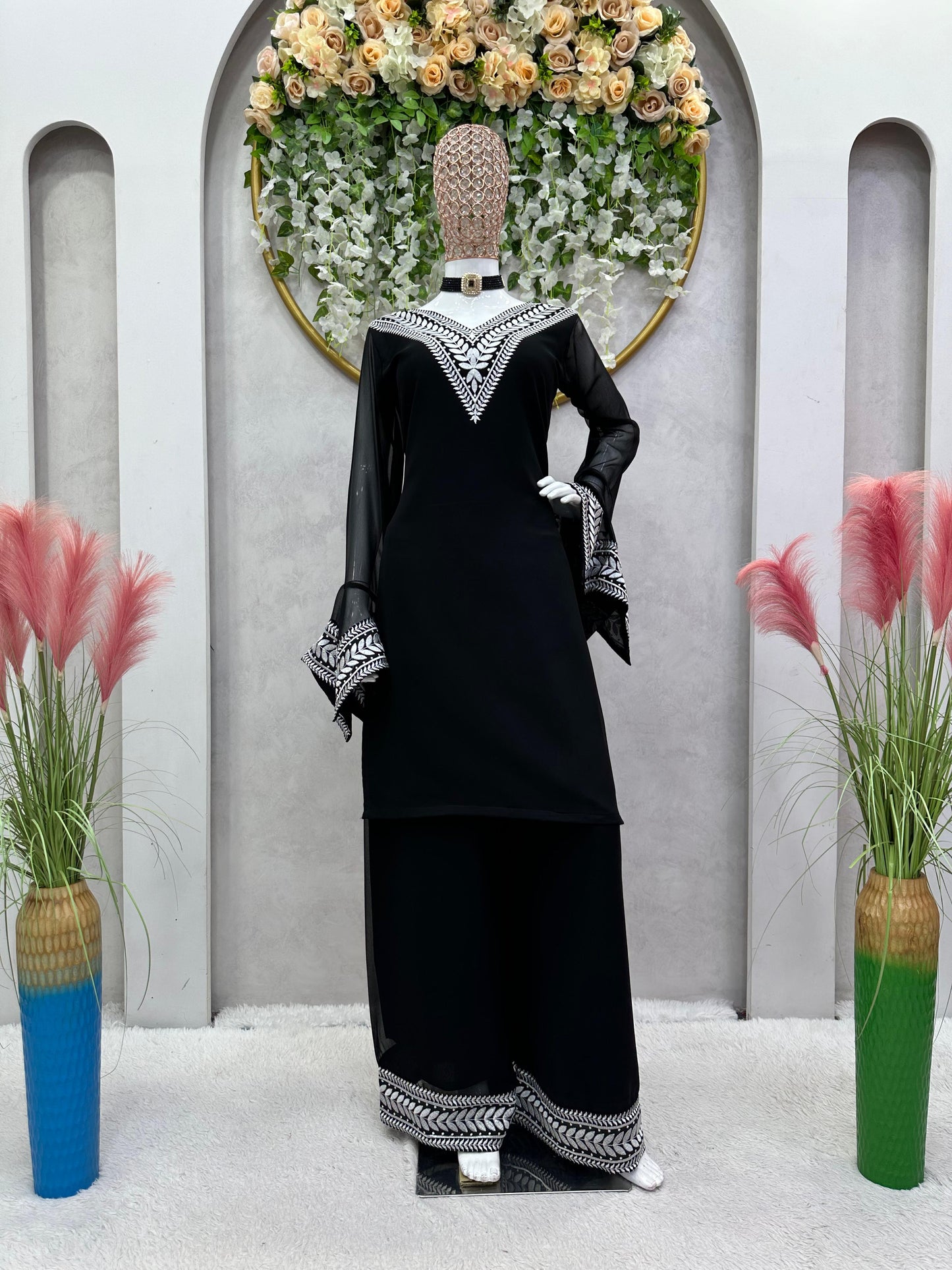 Full Black Color Thread Work Palazzo Suit