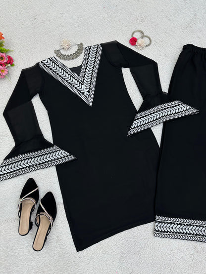 Full Black Color Thread Work Palazzo Suit