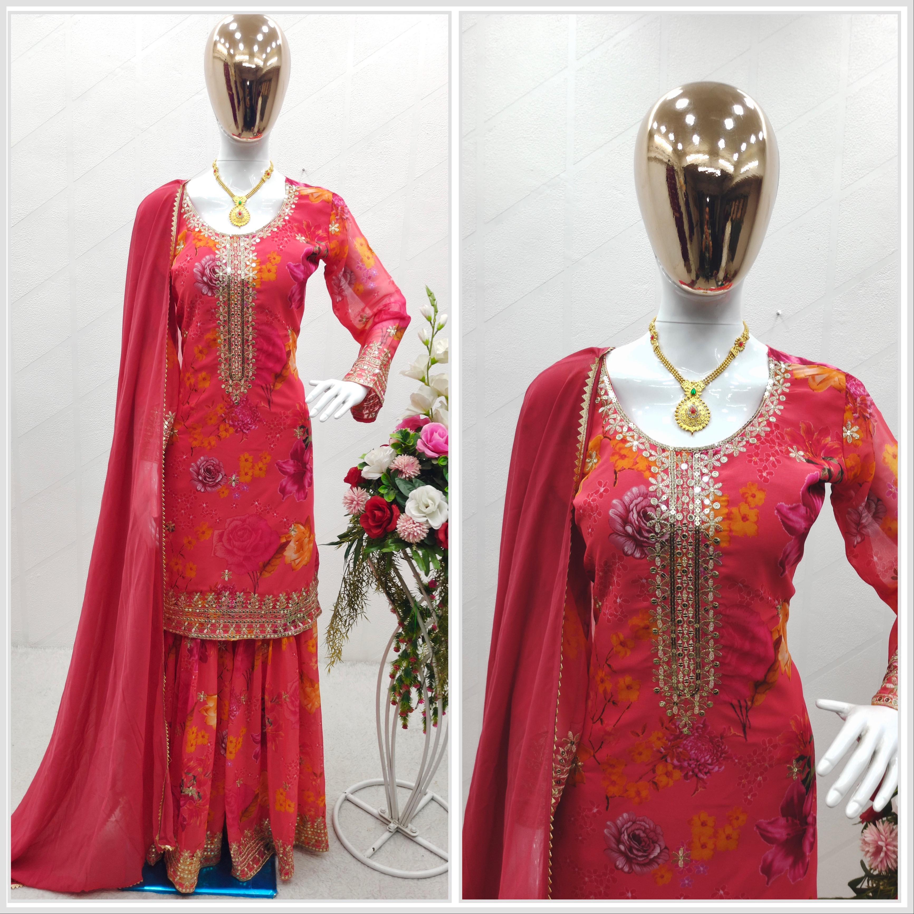 Exclusive Digital Print Sequence Work Pink Sharara Suit