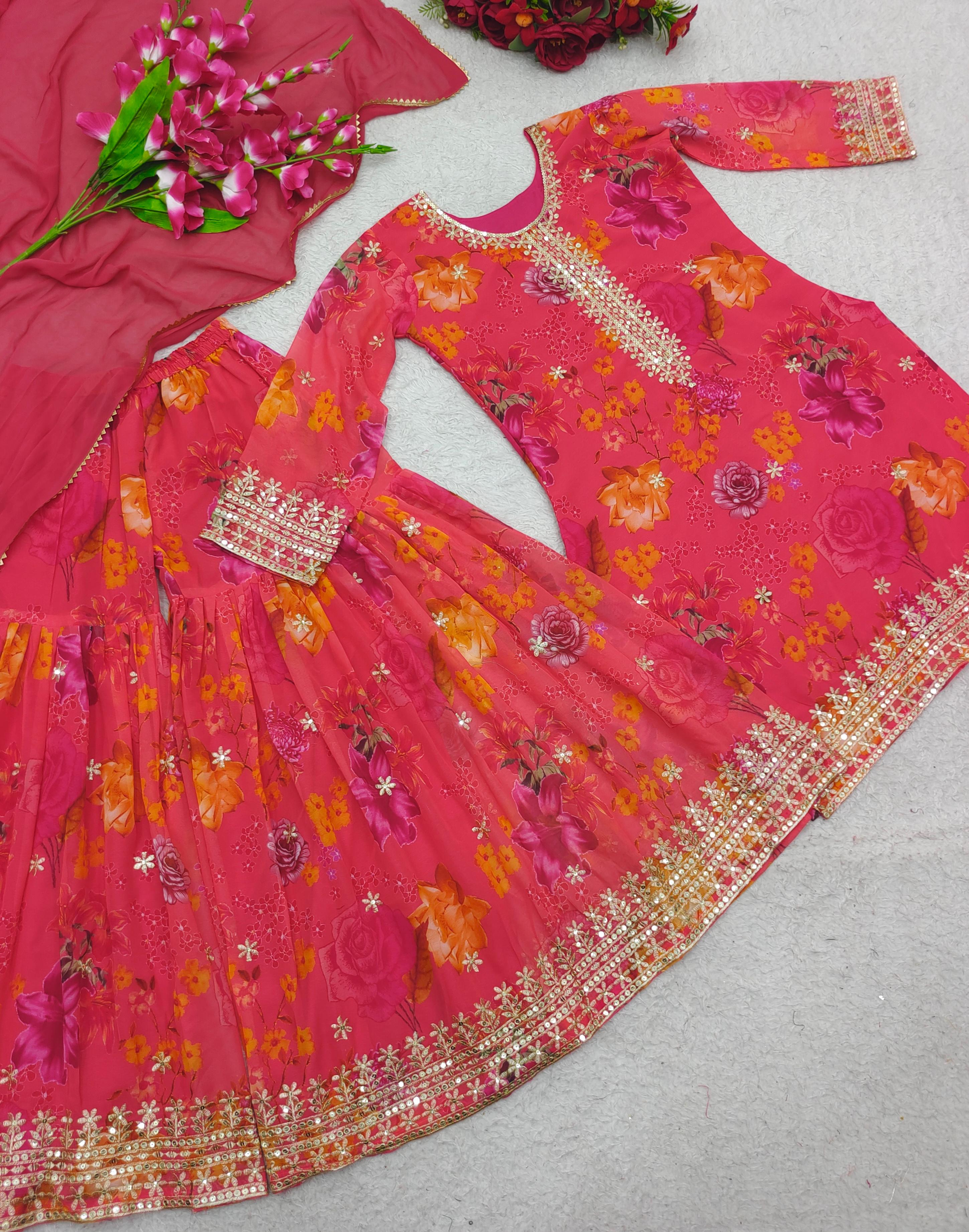 Exclusive Digital Print Sequence Work Pink Sharara Suit