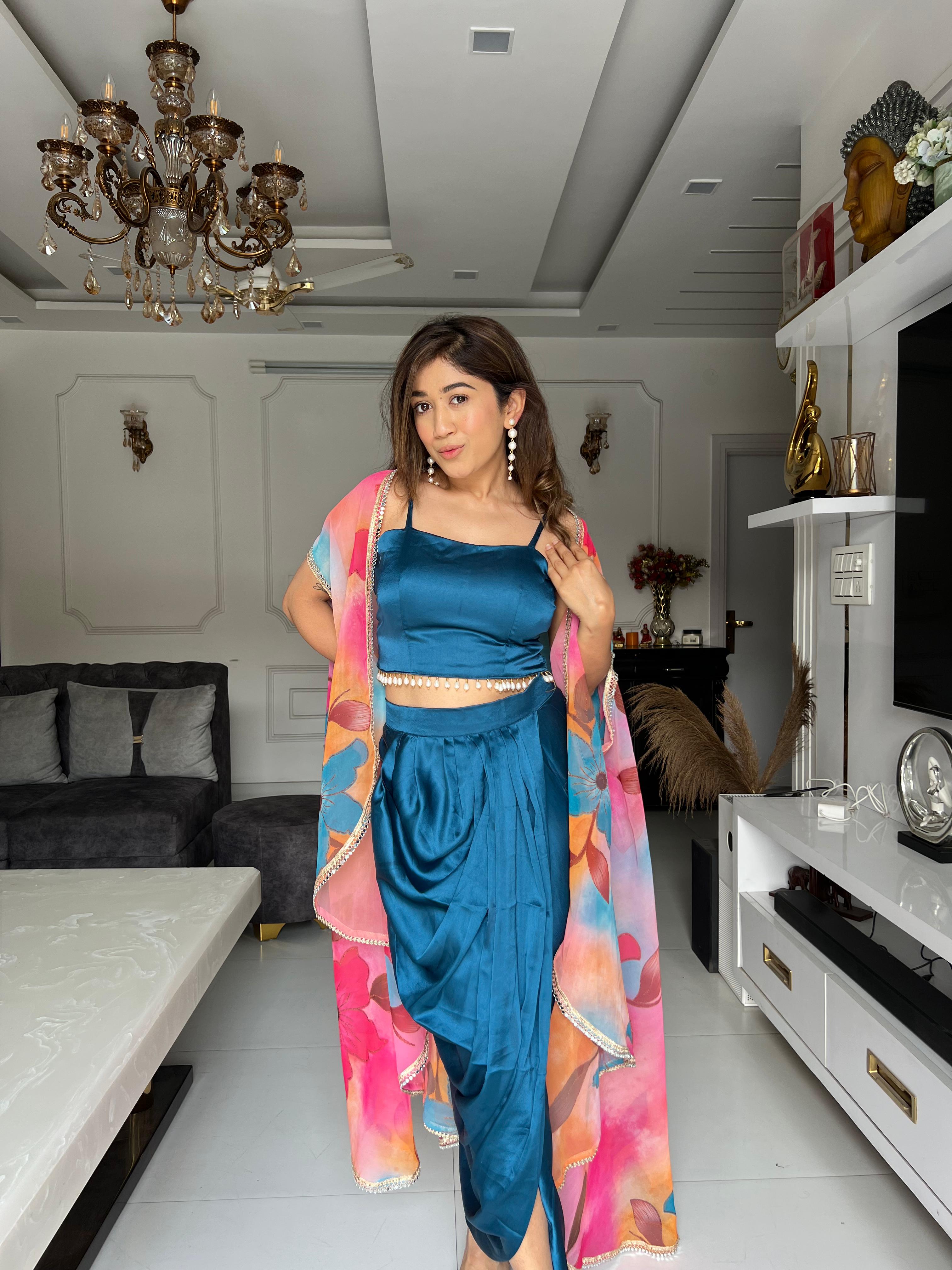 Fancy Teal Color Dhoti Top With Multi Design Shrug