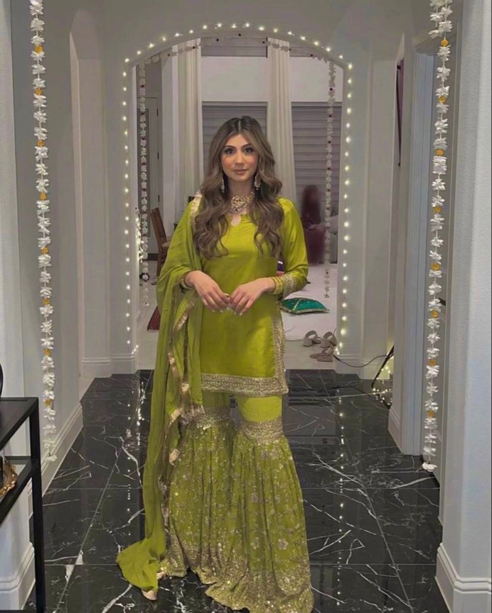 Awesome Parrot Green Color Work Sharara Suit