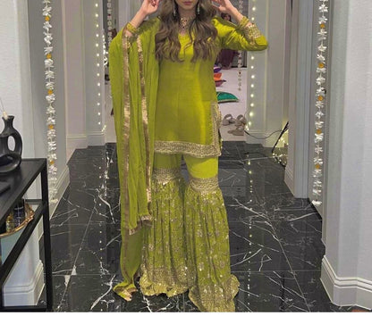 Awesome Parrot Green Color Work Sharara Suit