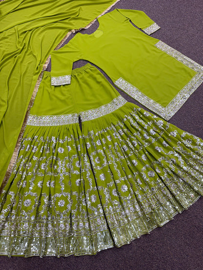 Awesome Parrot Green Color Work Sharara Suit