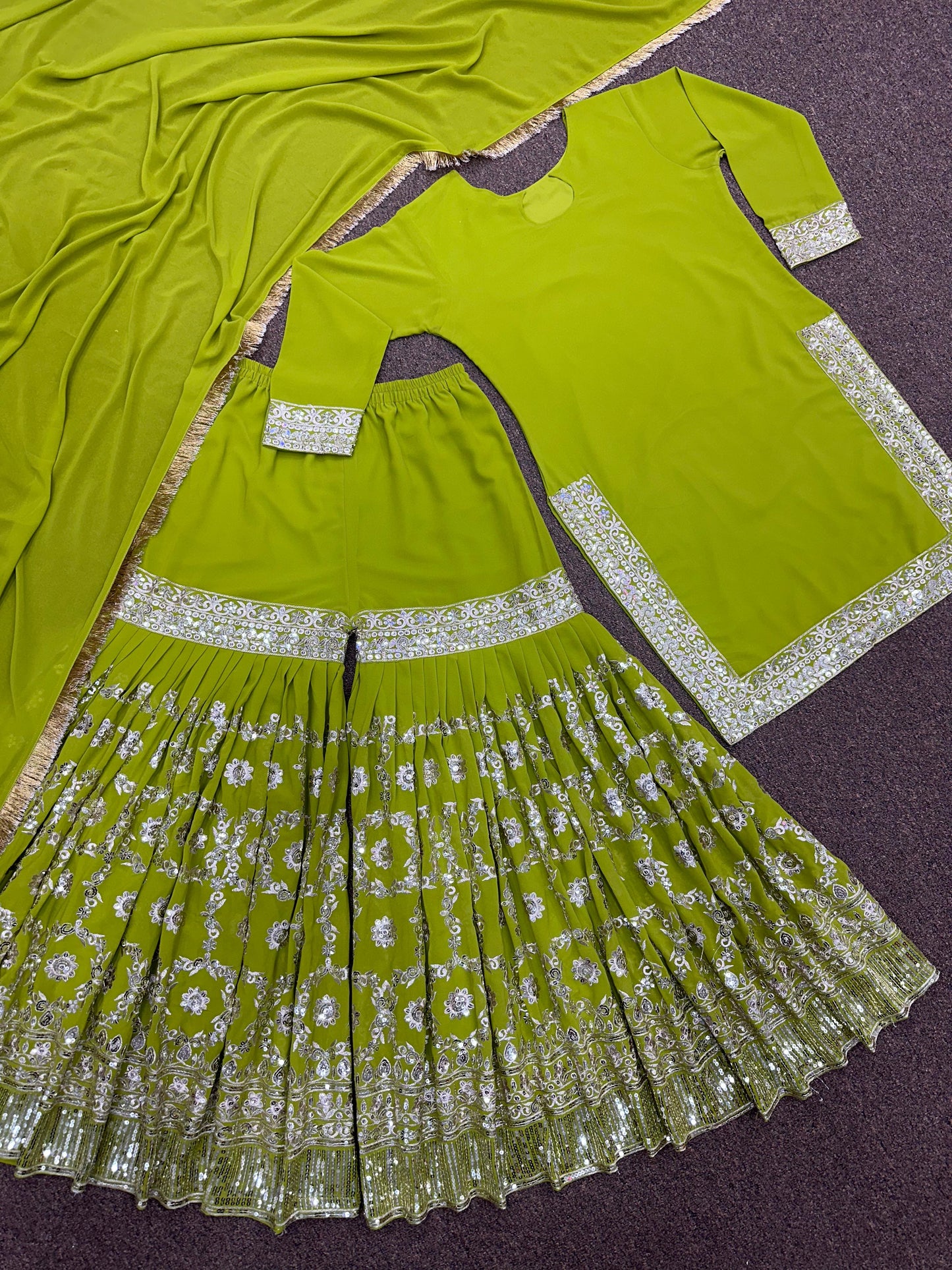 Awesome Parrot Green Color Work Sharara Suit