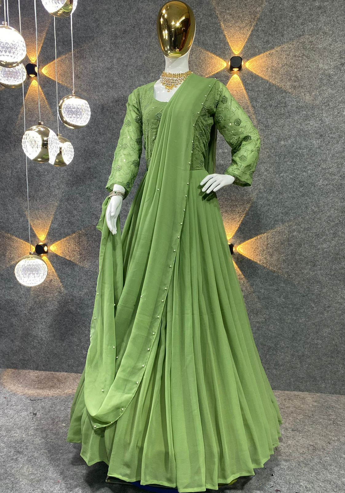 Fantastic Green Color Sequence Work Long Anarkali Gown