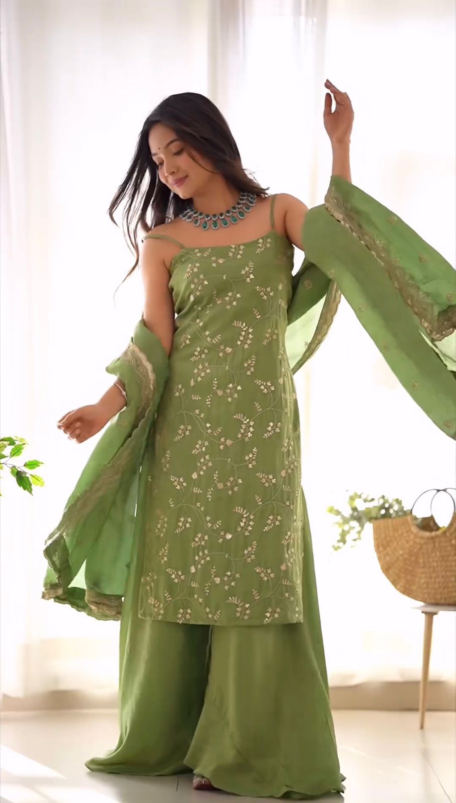 Delightful Light Green Color Jimmy Choo Fabric Sharara Suit