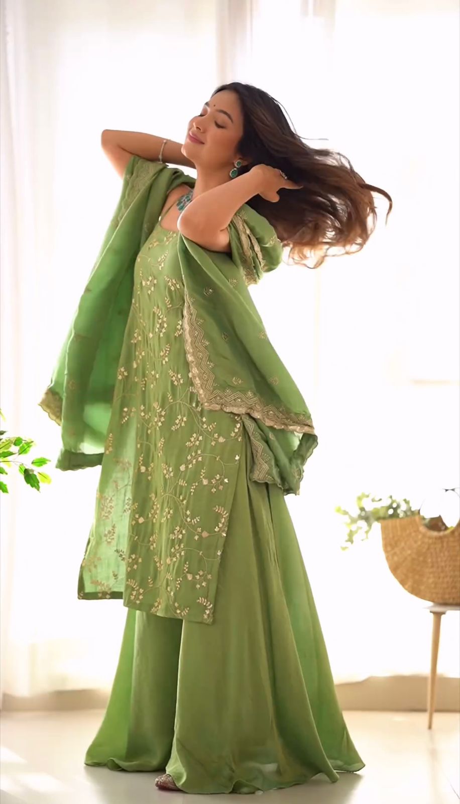 Delightful Light Green Color Jimmy Choo Fabric Sharara Suit