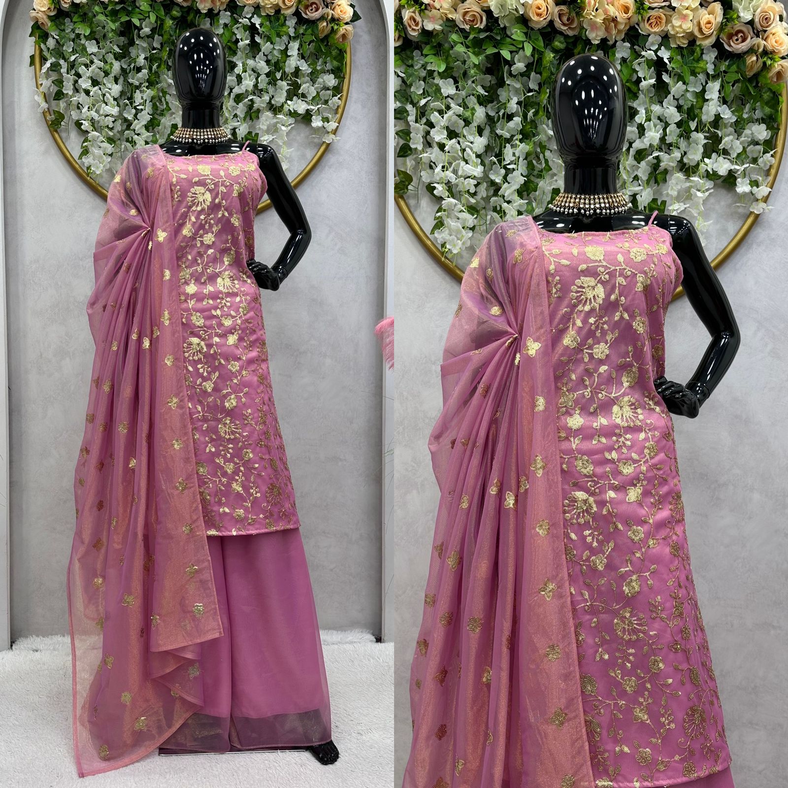 Delightful Dusty Pink Color Jimmy Choo Fabric Sharara Suit