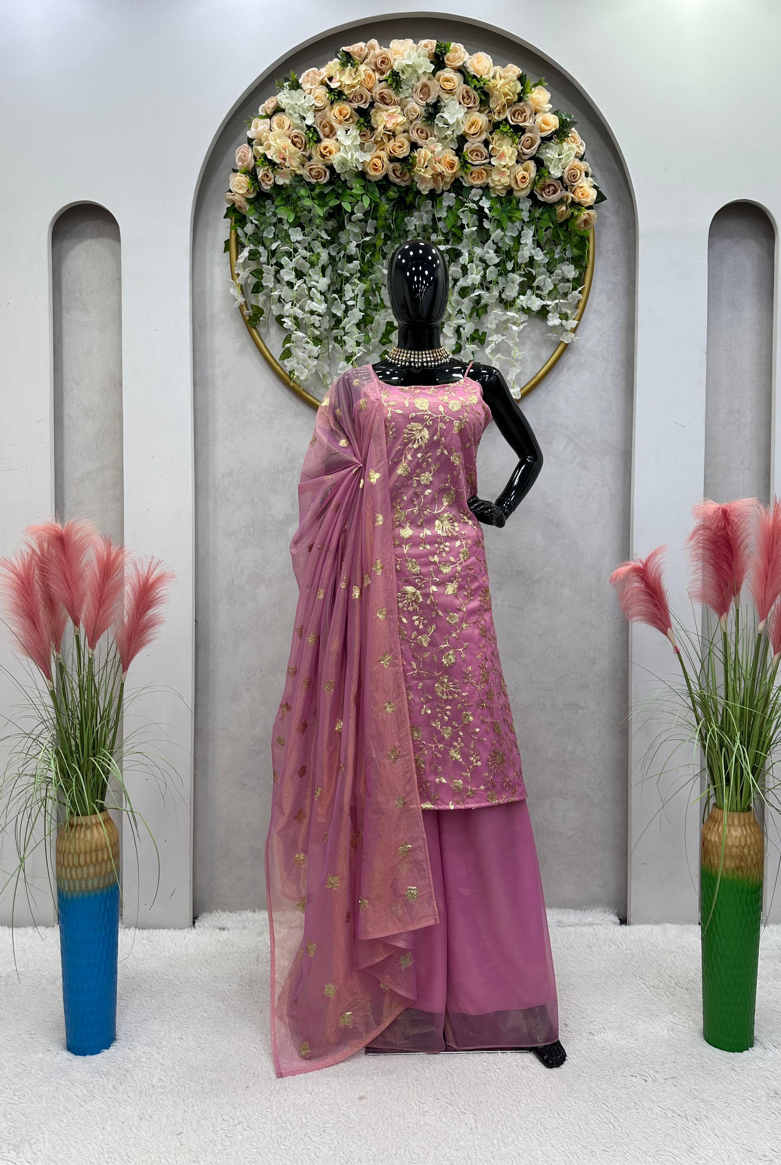 Delightful Dusty Pink Color Jimmy Choo Fabric Sharara Suit