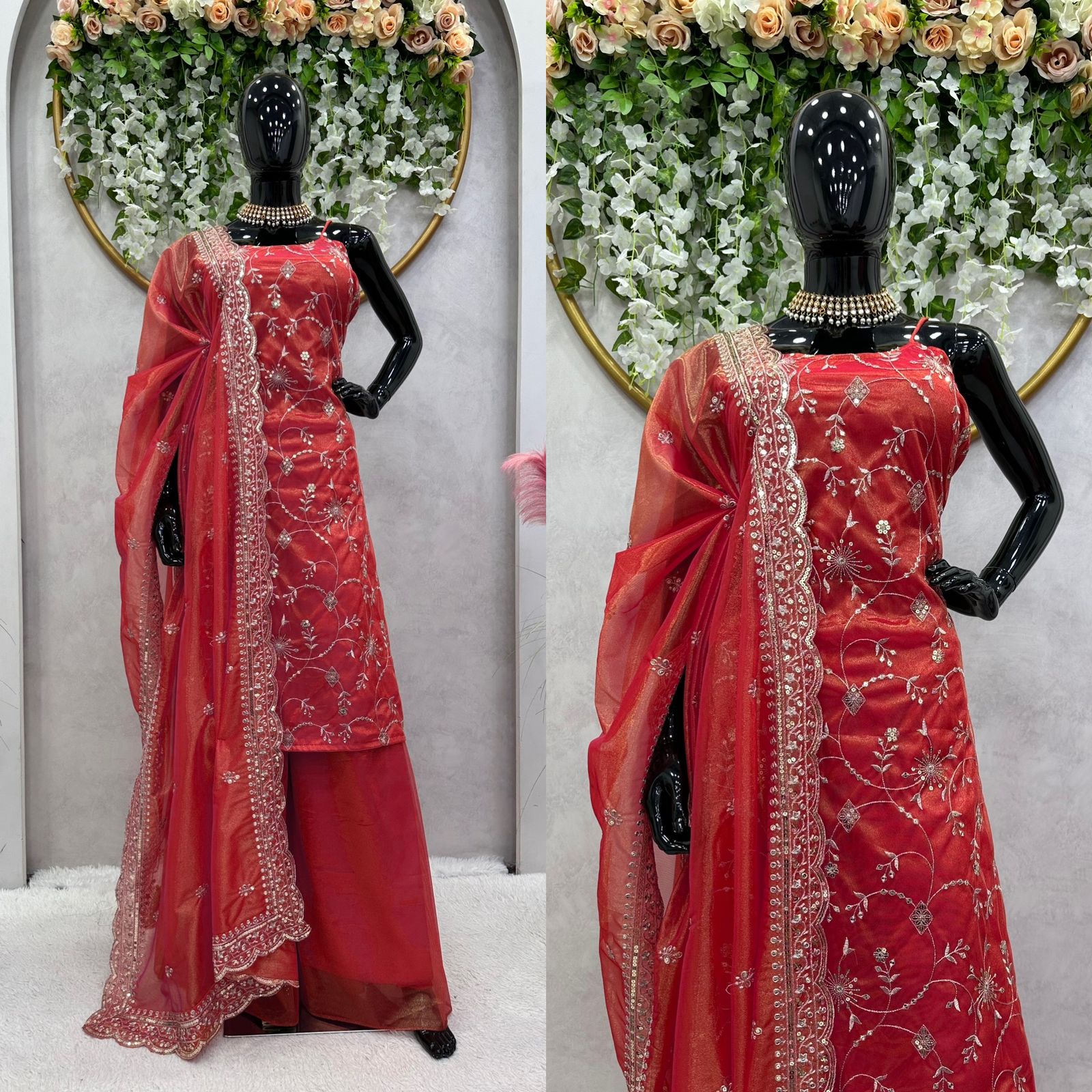 Delightful Red Color Jimmy Choo Fabric Sharara Suit