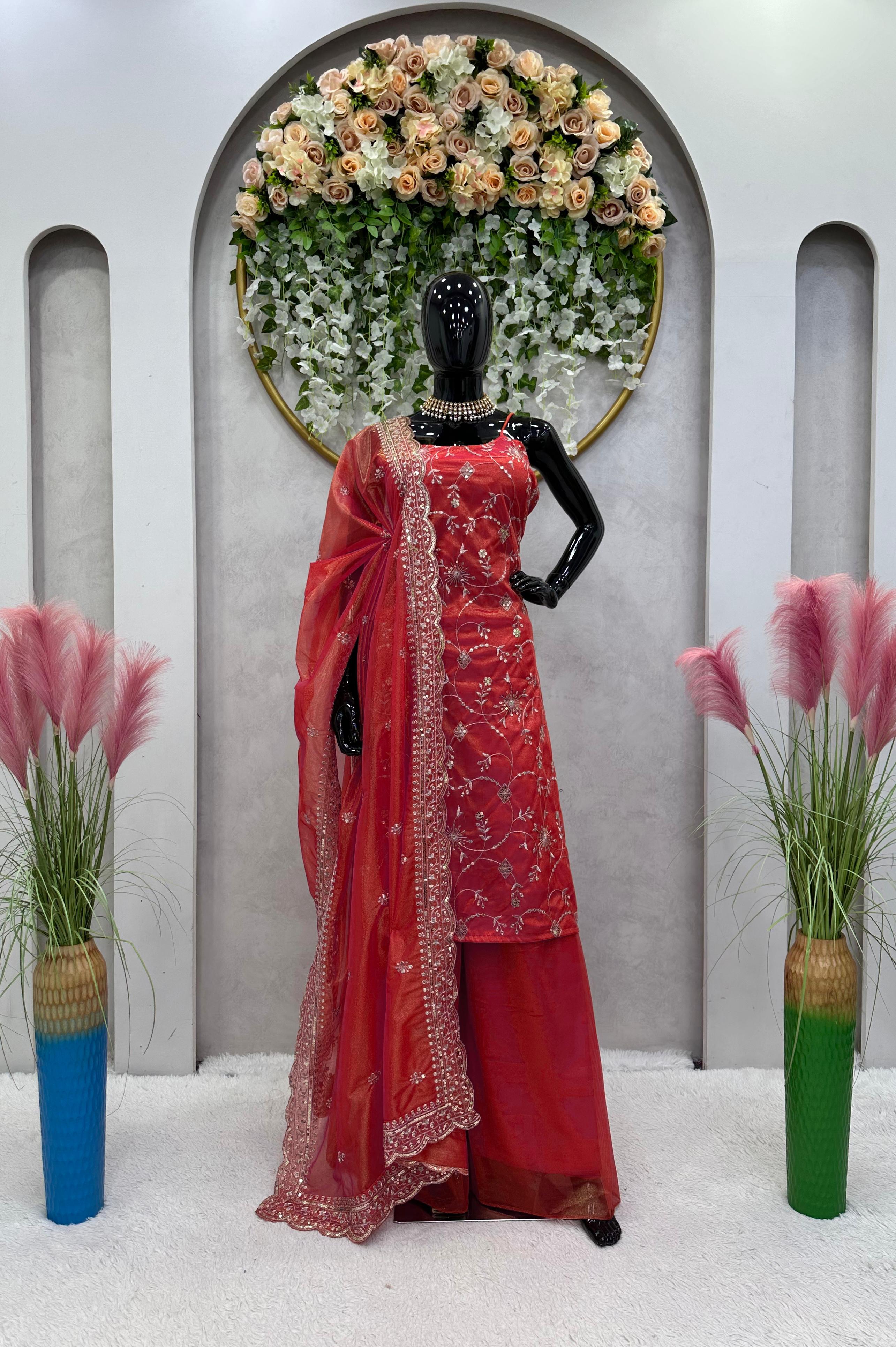 Delightful Red Color Jimmy Choo Fabric Sharara Suit