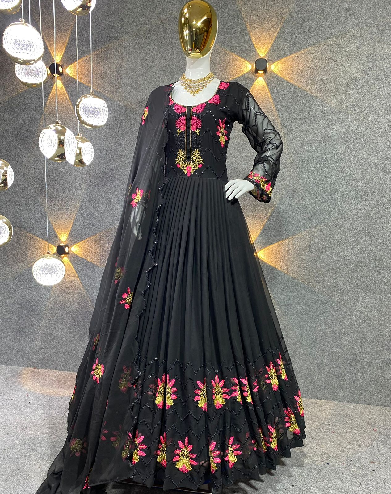 Captivating Multi Needle Work Black Color Anarkali Gown