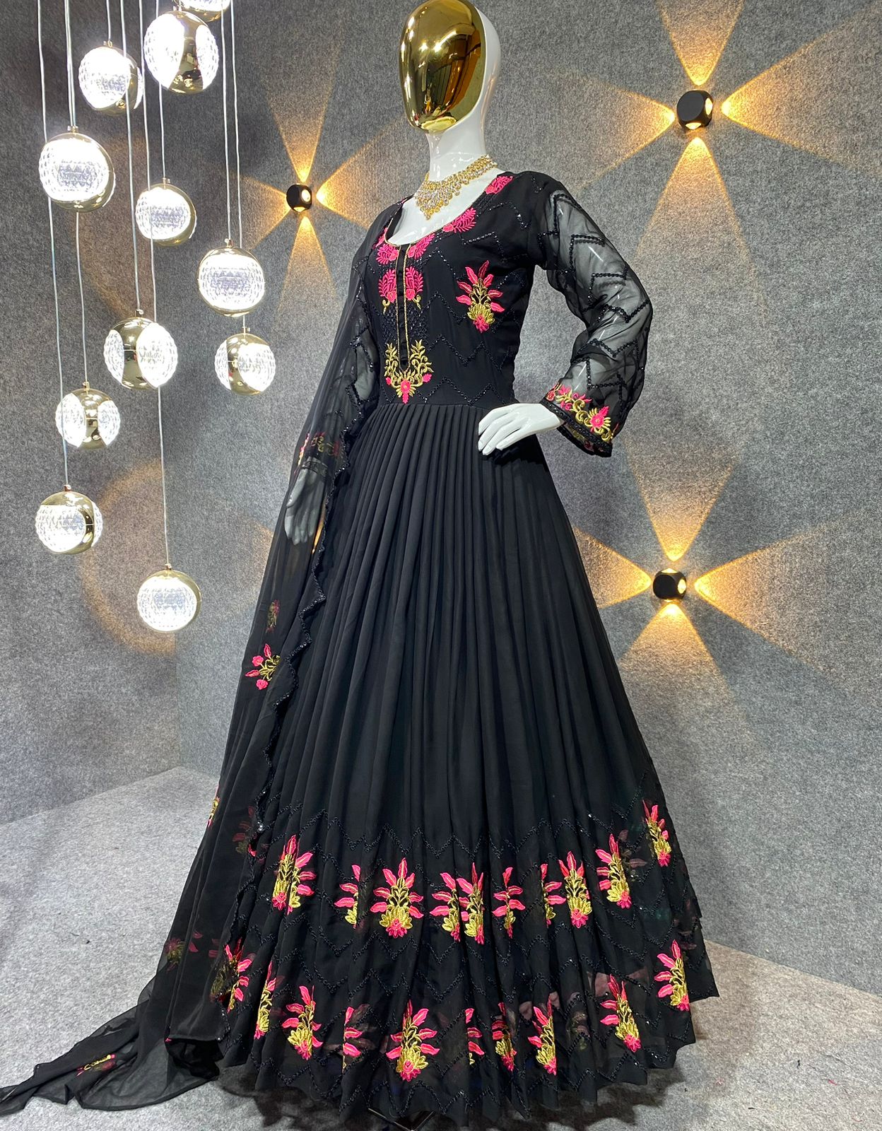 Captivating Multi Needle Work Black Color Anarkali Gown