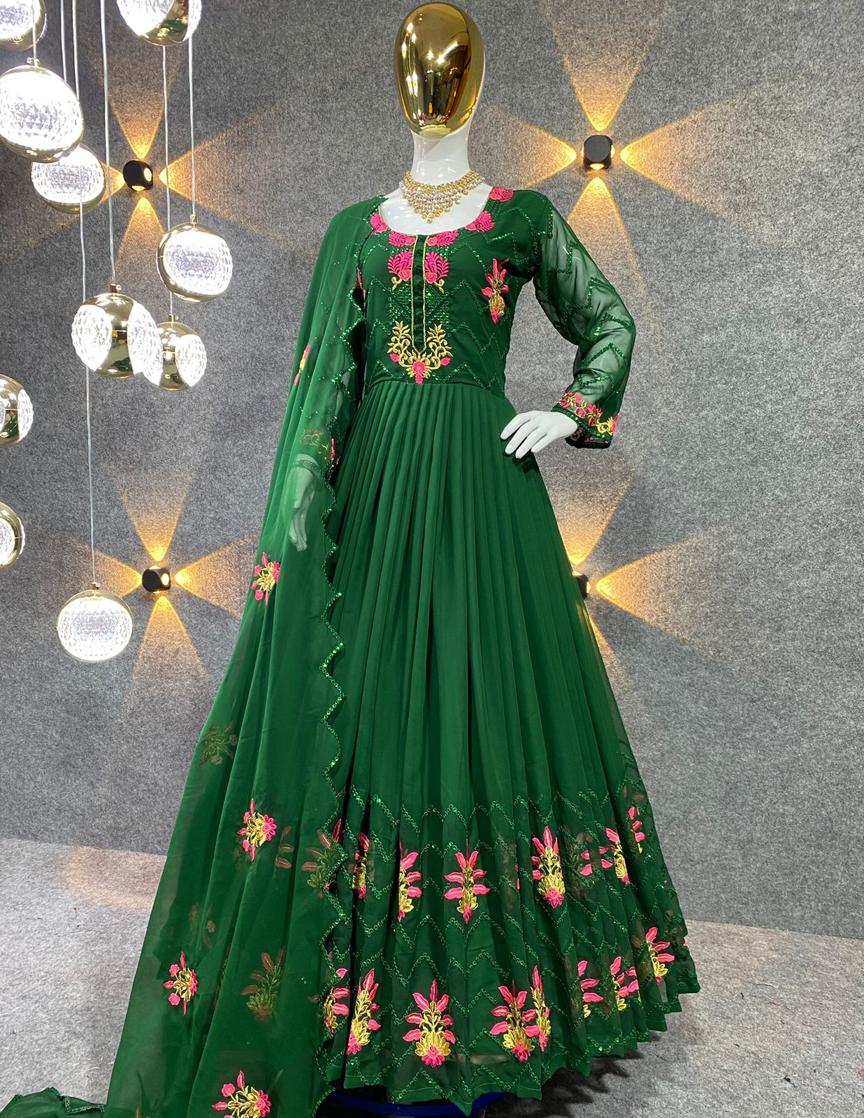 Captivating Multi Needle Work Green Color Anarkali Gown