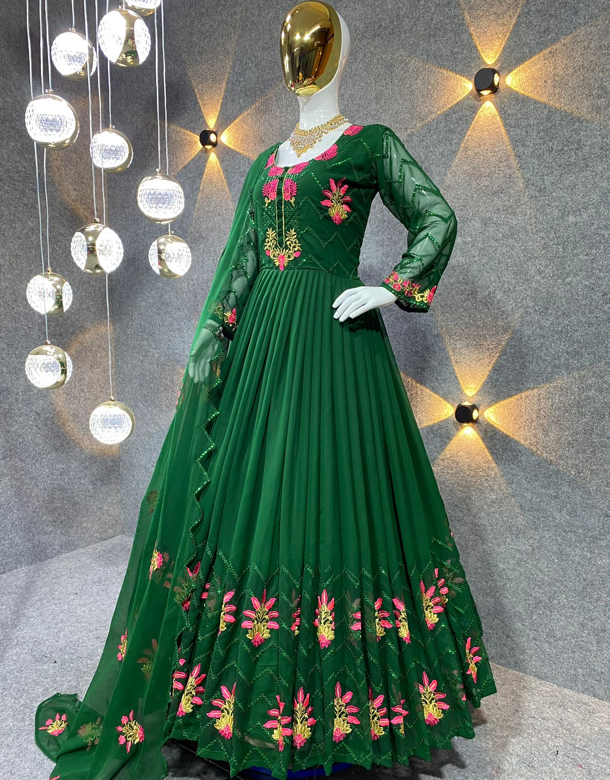 Captivating Multi Needle Work Green Color Anarkali Gown