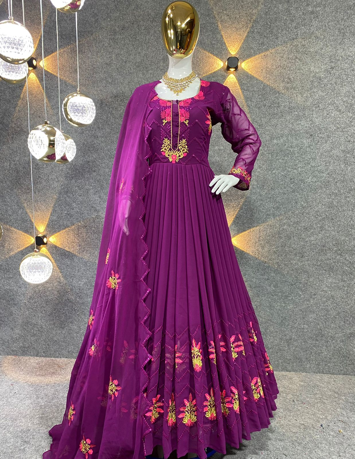 Captivating Multi Needle Work Purple Color Anarkali Gown