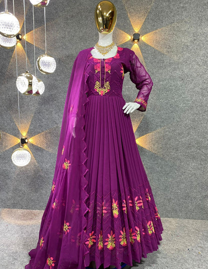 Captivating Multi Needle Work Purple Color Anarkali Gown