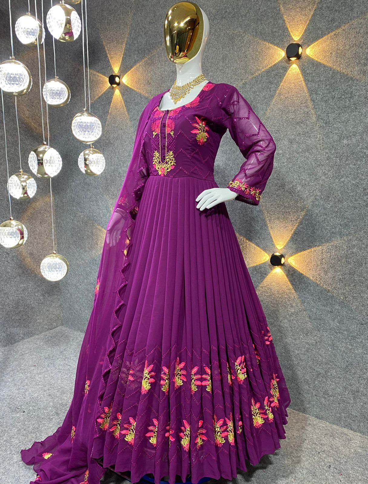 Captivating Multi Needle Work Purple Color Anarkali Gown