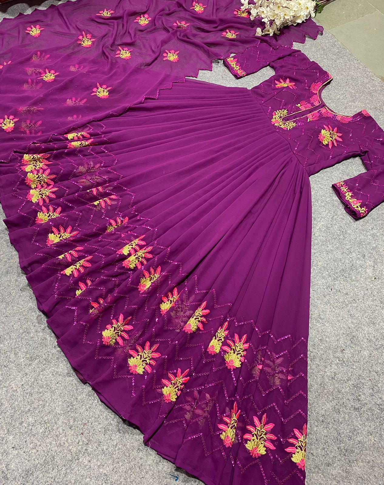 Captivating Multi Needle Work Purple Color Anarkali Gown