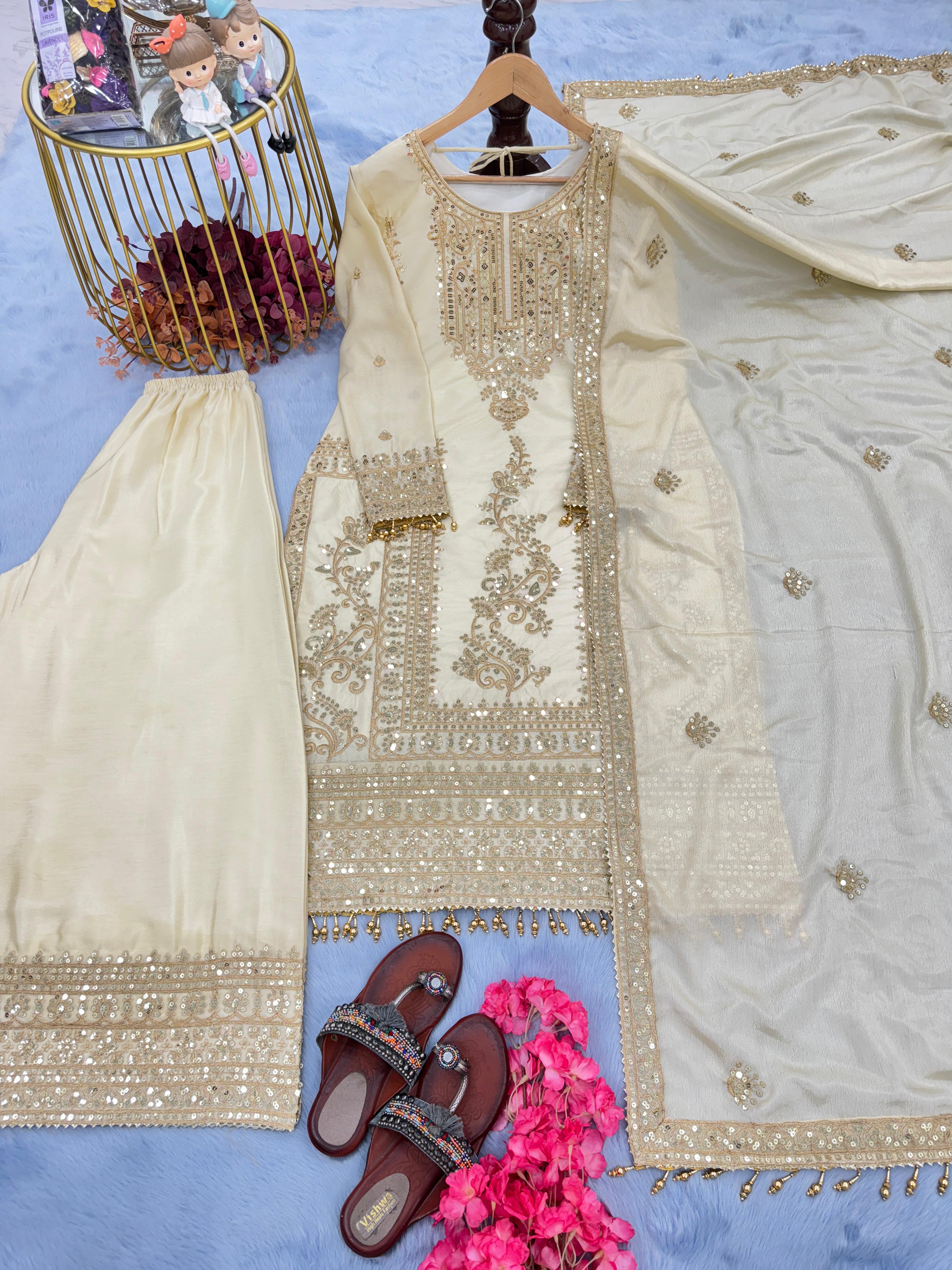 Shining Sequence Work Eid Special White Sharara Suit