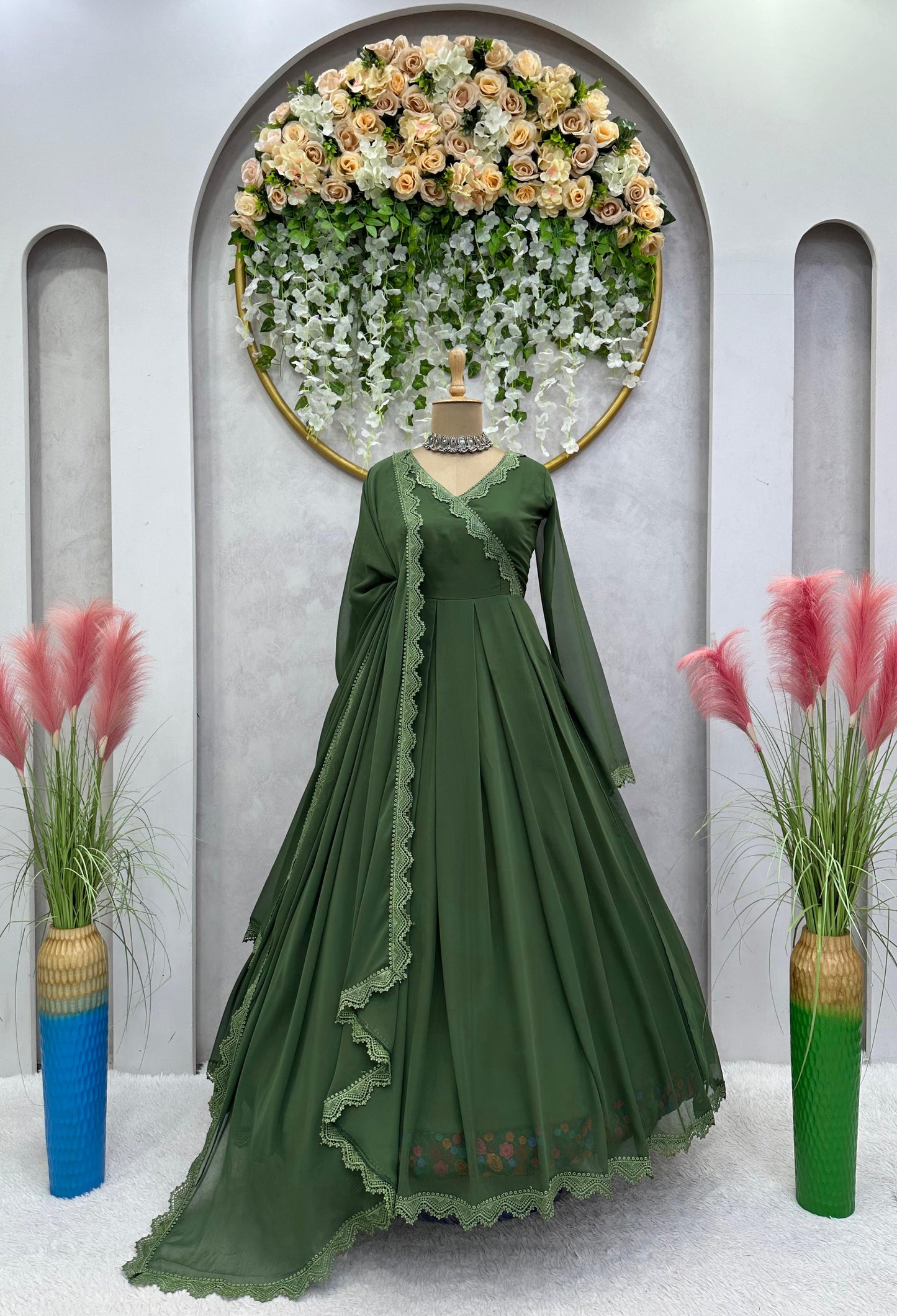 Stylish Lace Work Green Color Long Gown