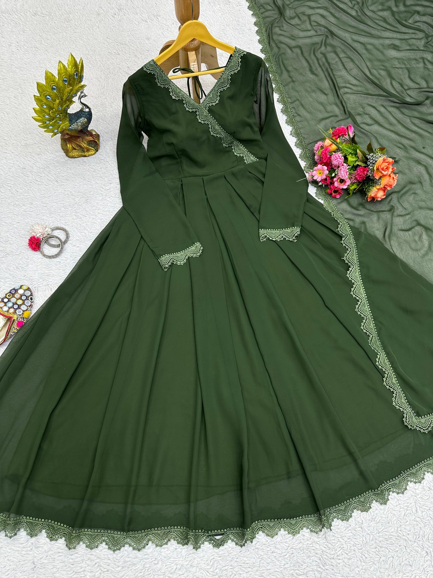 Stylish Lace Work Green Color Long Gown