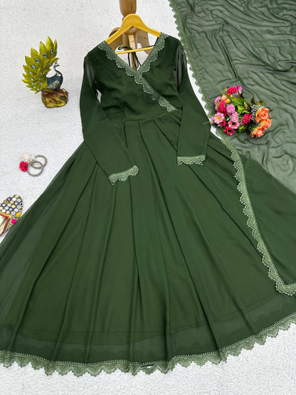 Stylish Lace Work Green Color Long Gown