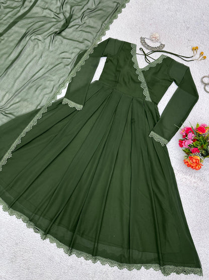 Stylish Lace Work Green Color Long Gown