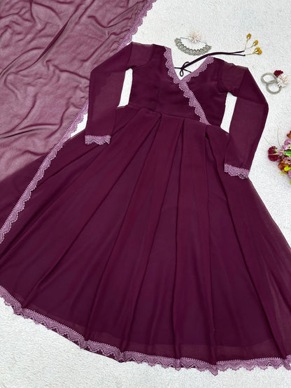 Stylish Lace Work Wine Color Long Gown