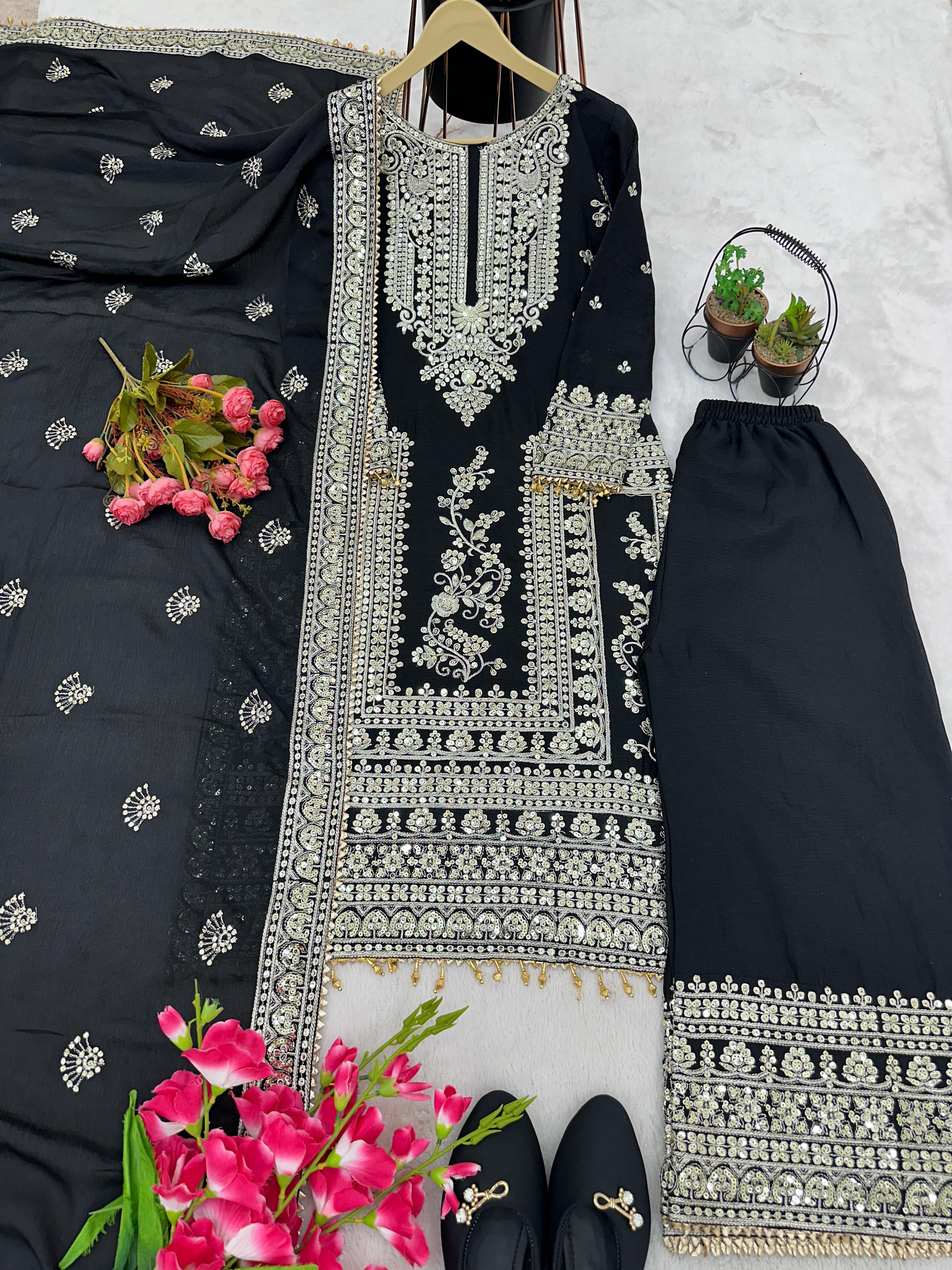 Heavy Embroidery Work Black Color Stylish Palazzo Suit