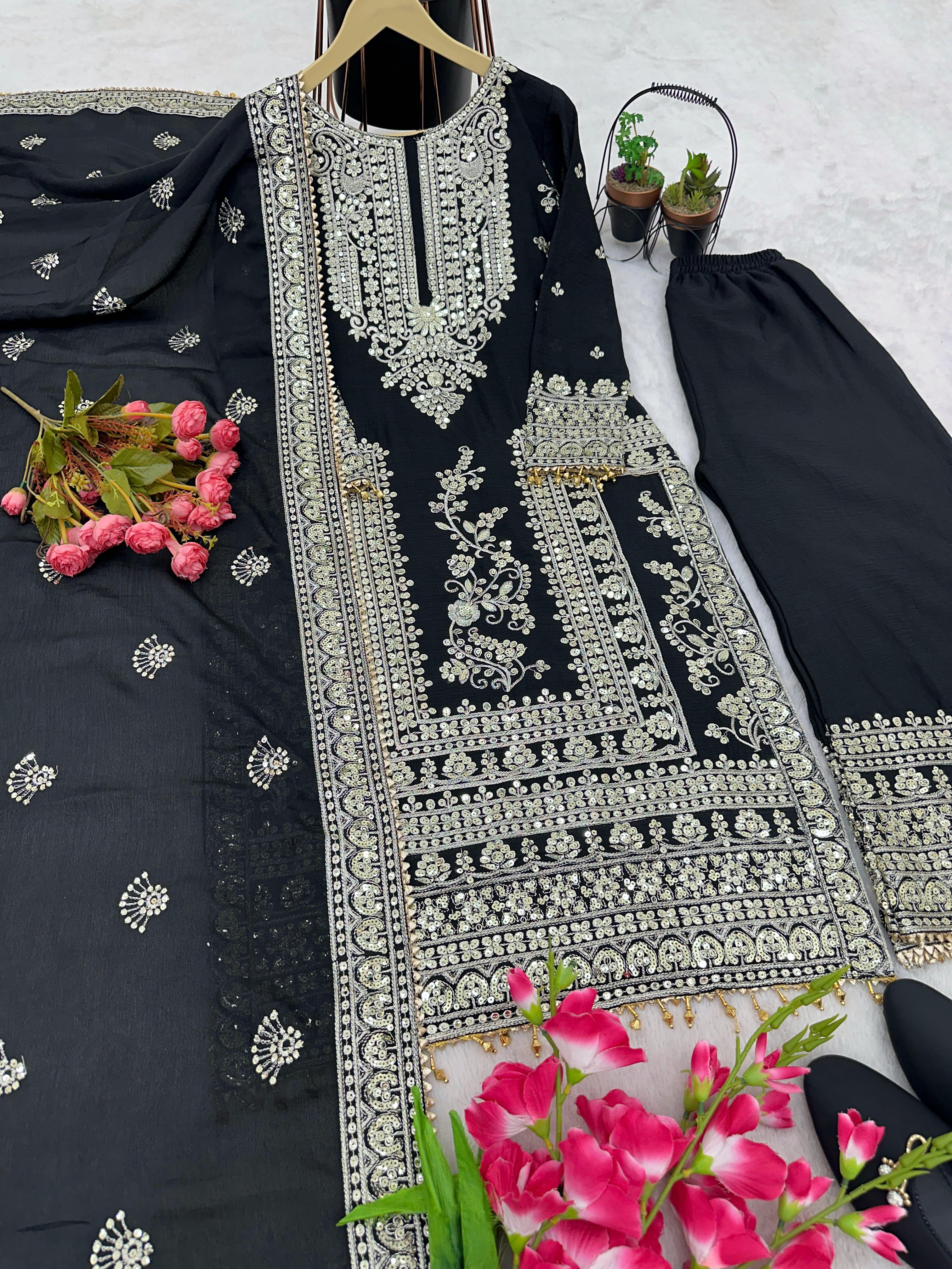 Heavy Embroidery Work Black Color Stylish Palazzo Suit