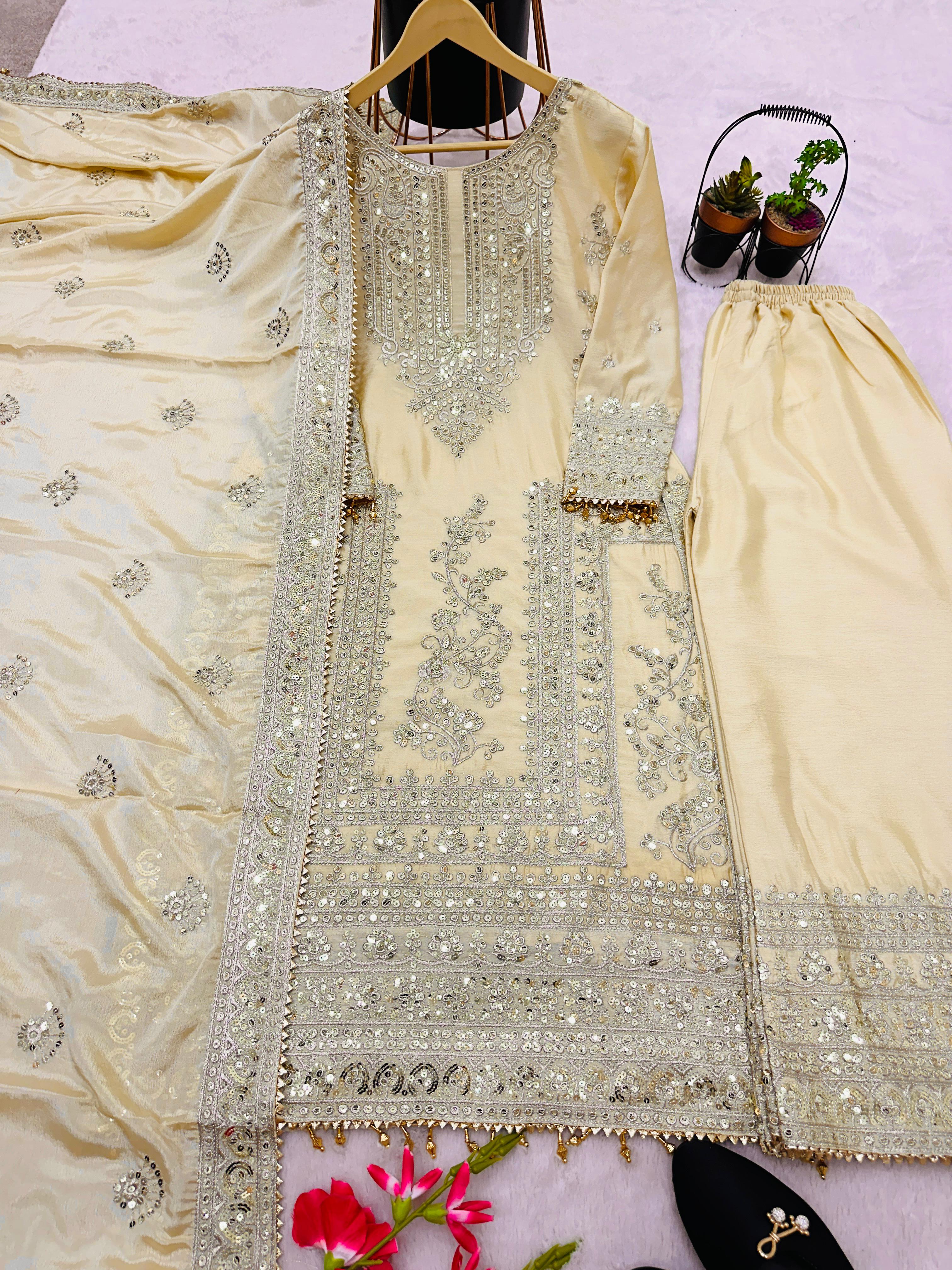 Heavy Embroidery Work Cream Color Stylish Palazzo Suit