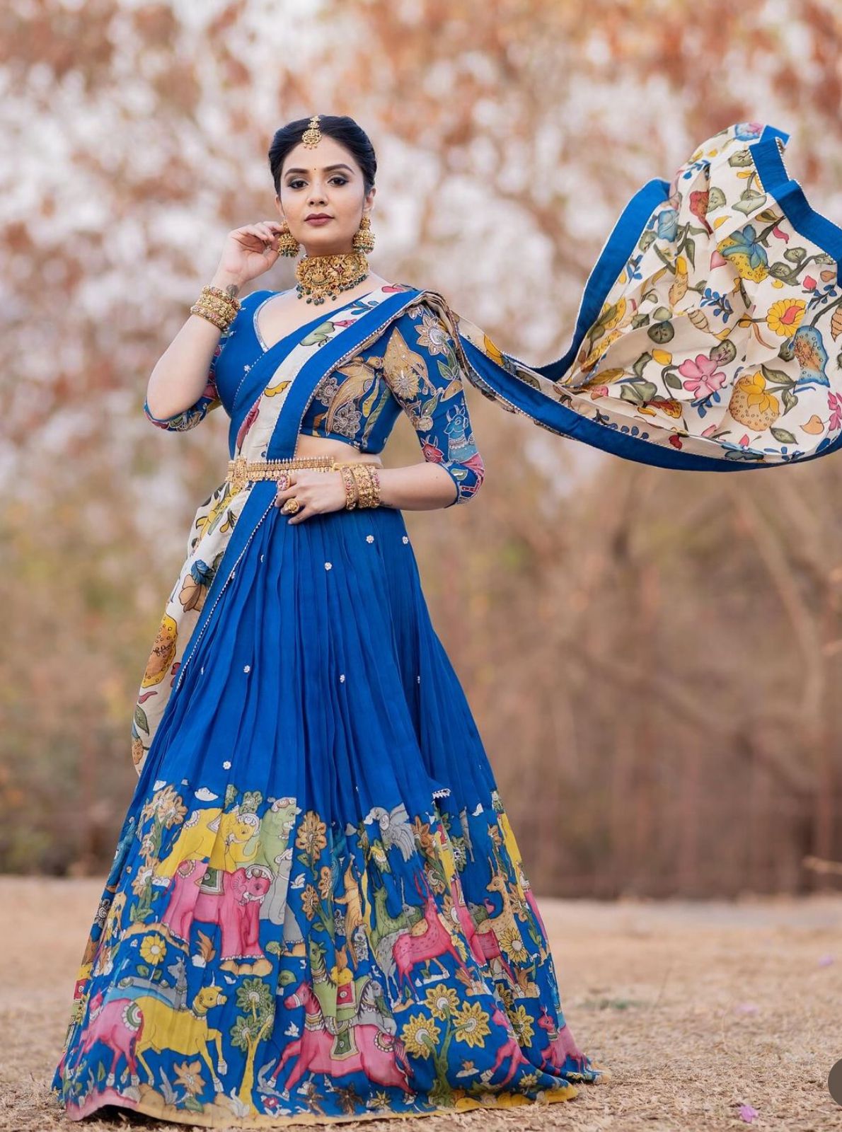 Ravishing Royal Blue Color Kalamkari Printed Lehenga Choli