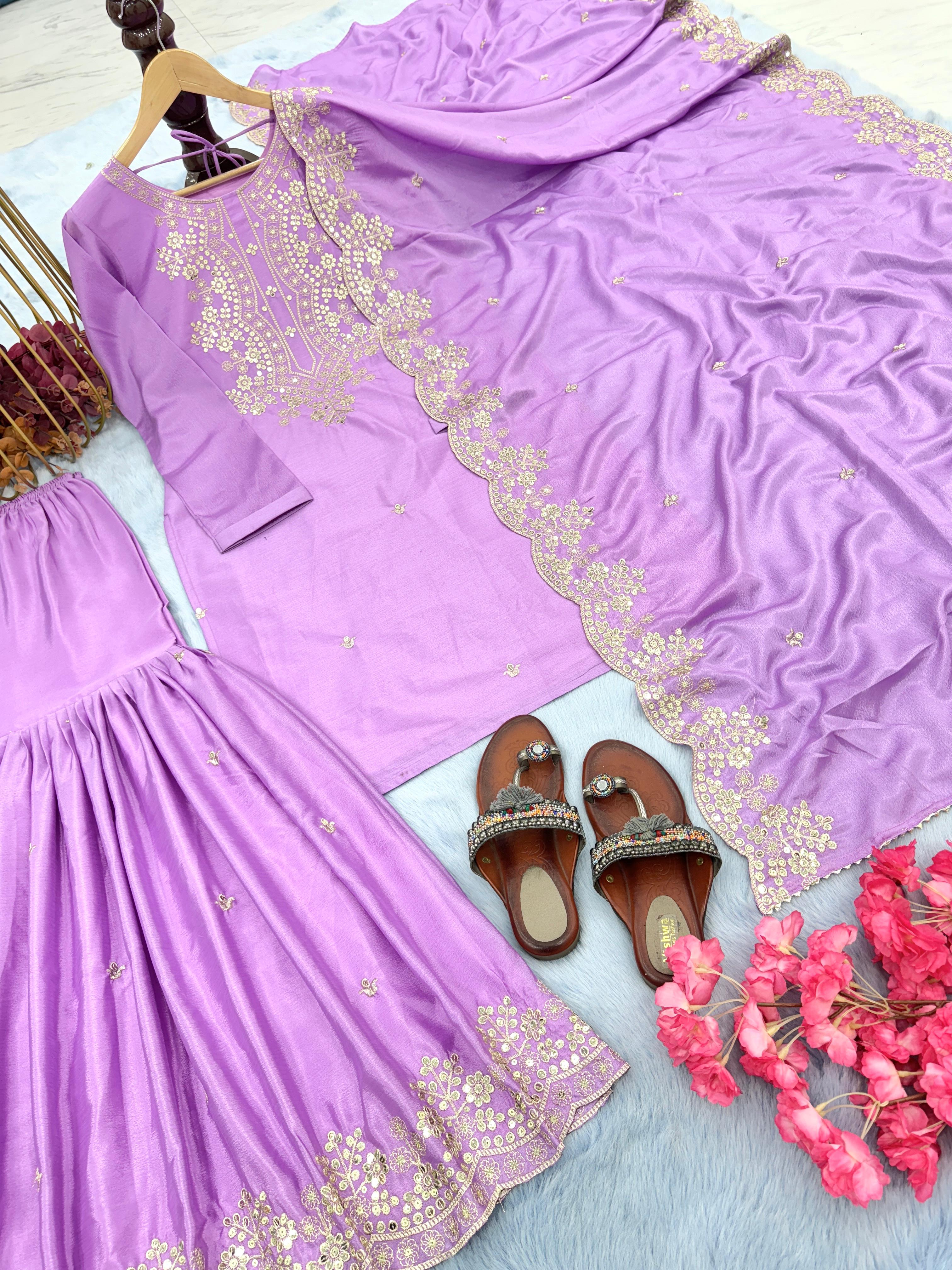 Lavender Color Embroidery Sequence Work Sharara Suit