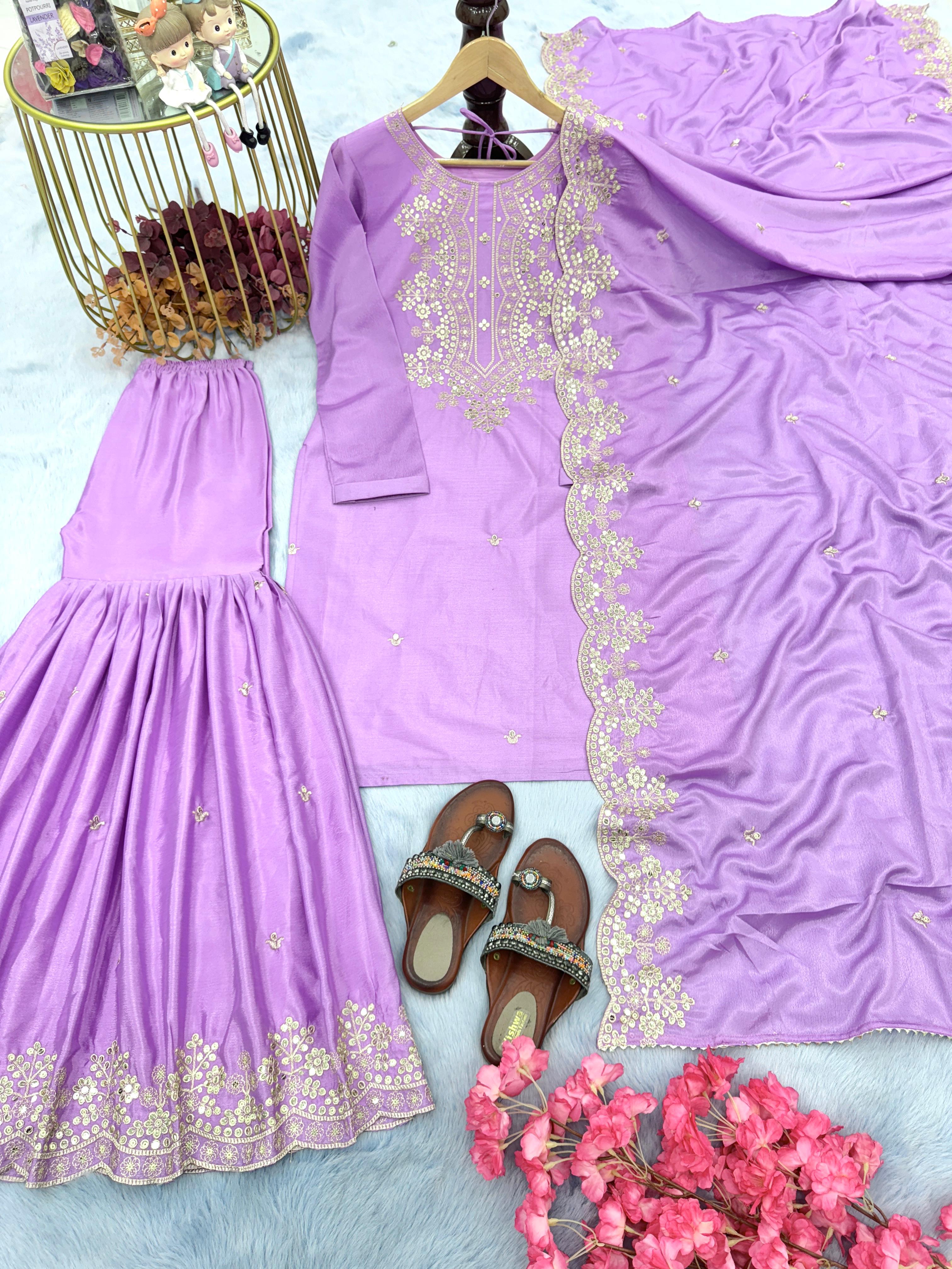 Lavender Color Embroidery Sequence Work Sharara Suit