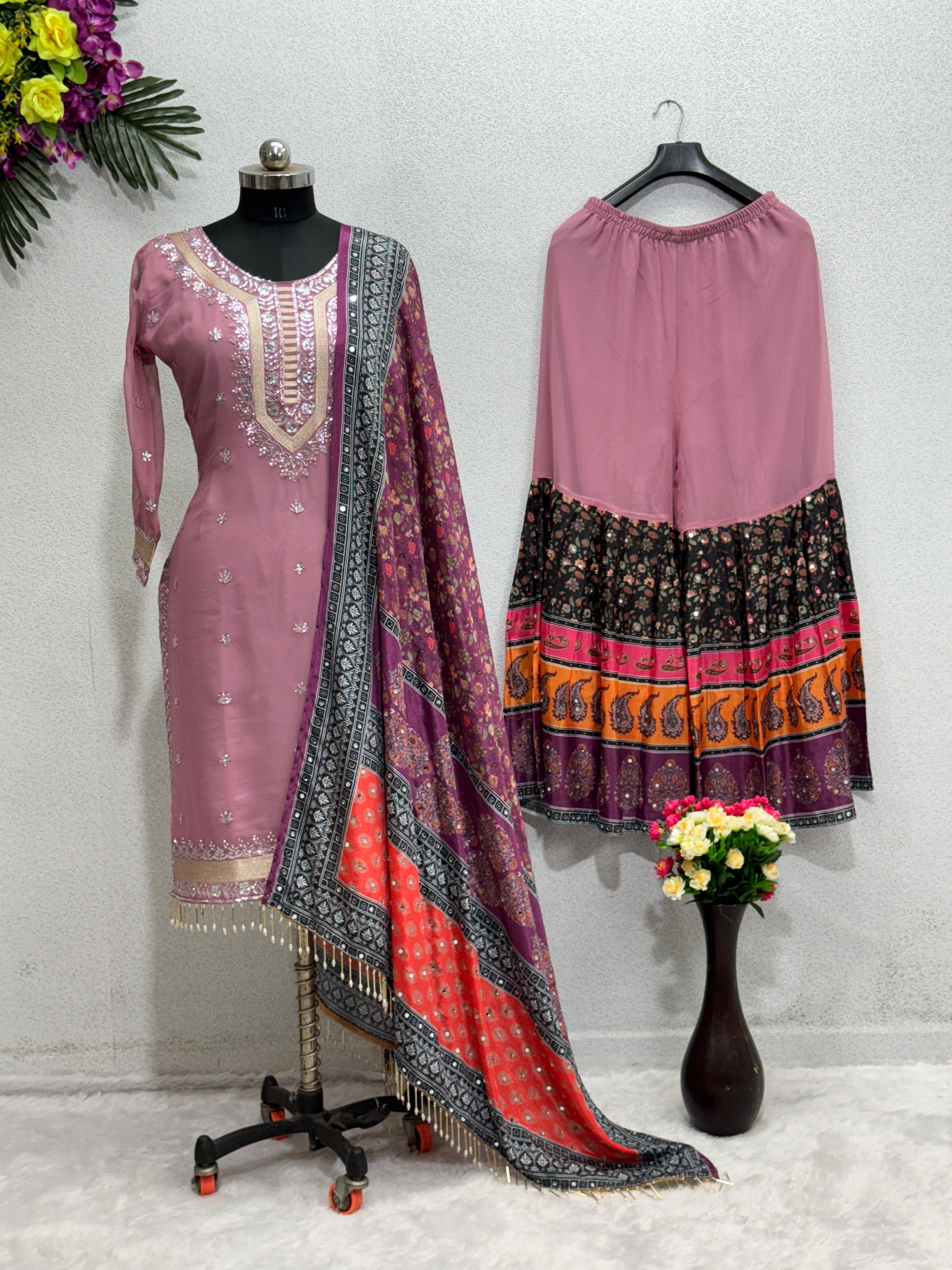 Dusty Pink Color Real Mirror Work Sharara Suit