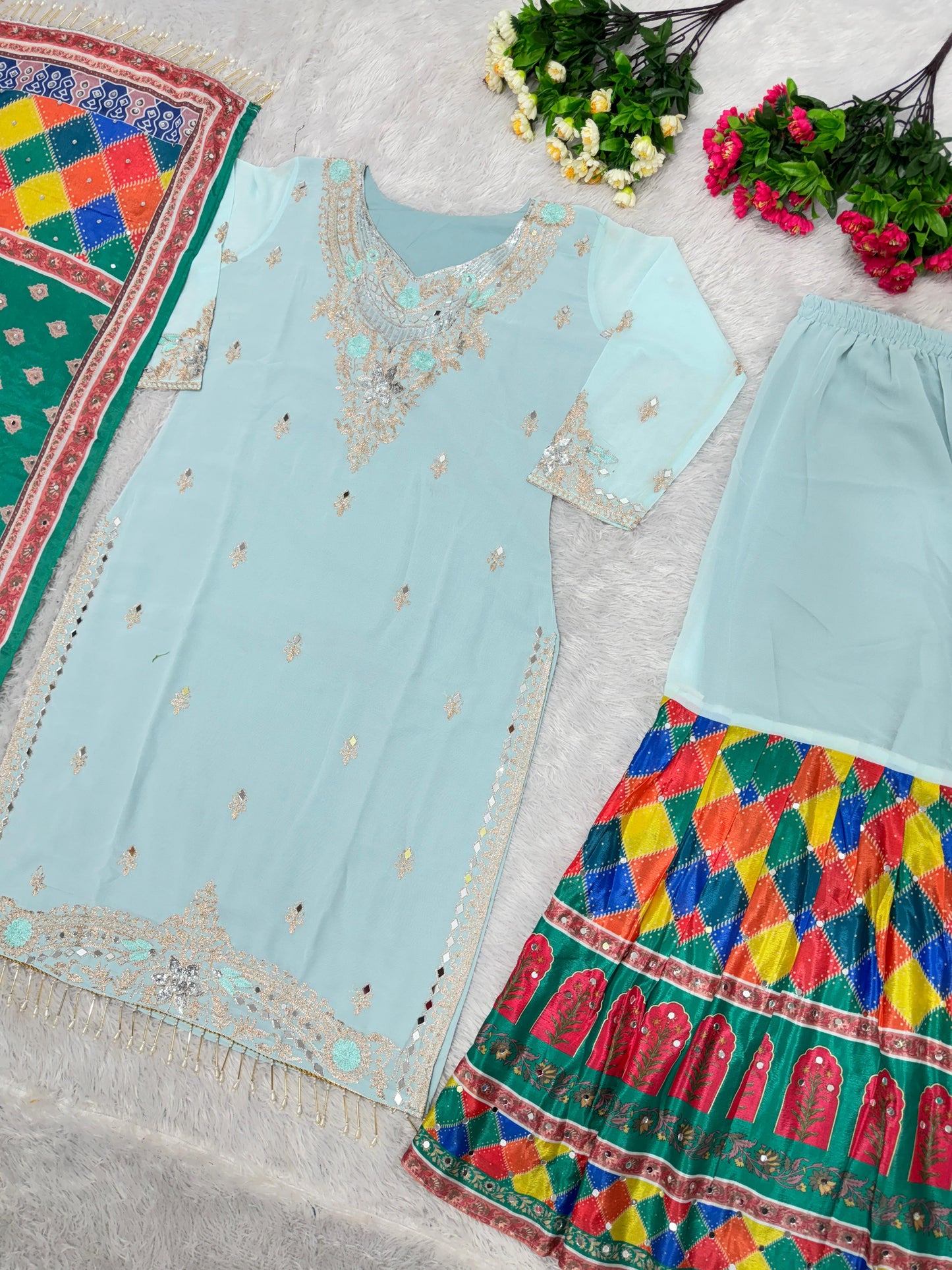 Sky Blue Color Real Mirror Work Sharara Suit