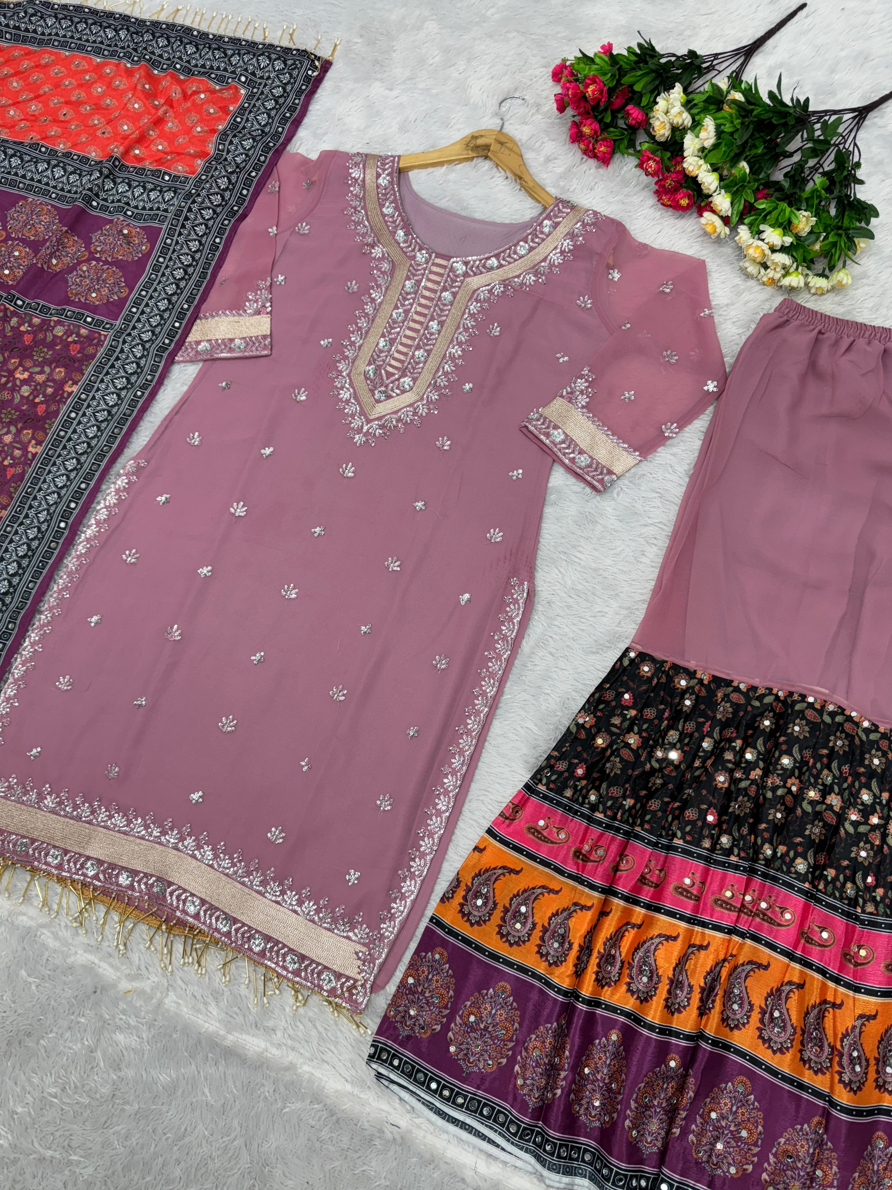 Dusty Pink Color Real Mirror Work Sharara Suit